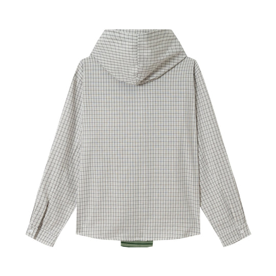 Damen Oversize Hemdjacke mit Kapuze, angenähtem Strickschal und Brustpatch Nord Taschen