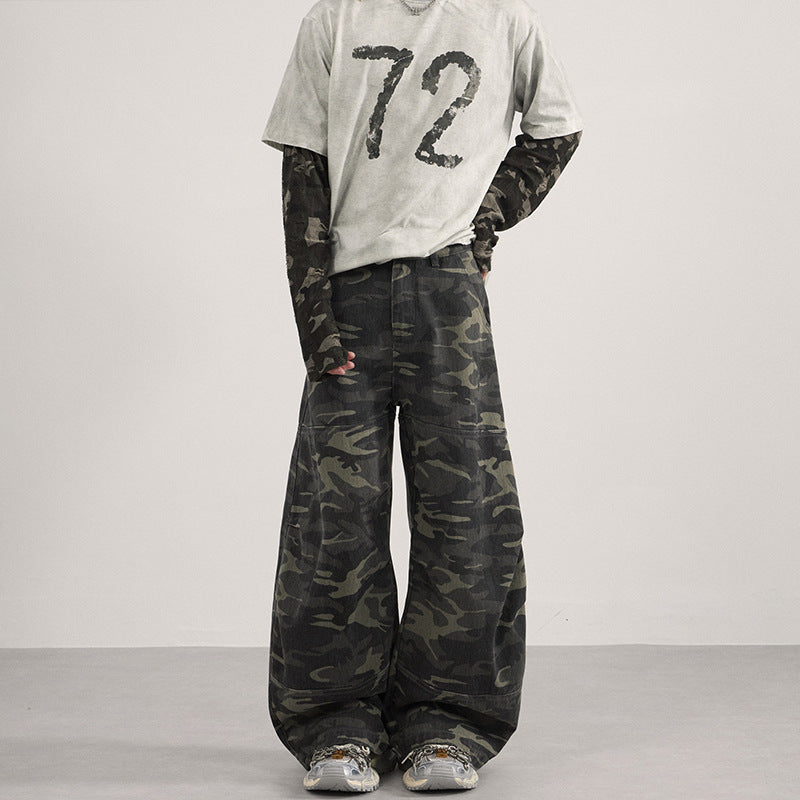 Herren Weite Camouflage-Baggy-Hose mit niedriger Bundlinie und Knie-Patchtaschen Nord Taschen