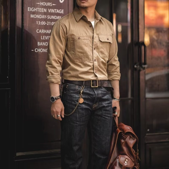 Herren Baumwoll‑Twill‑Worker‑Hemd mit Pattentaschen und kastiger Passform Nord Taschen