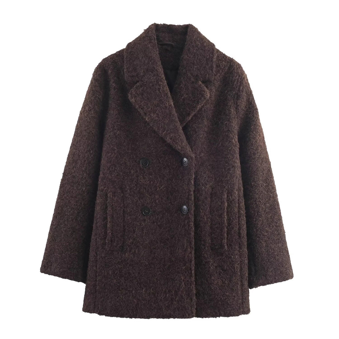 Damen Doppelreihiger Teddy-Mantel mit Schalkragen und aufgesetzten Taschen Nord Taschen
