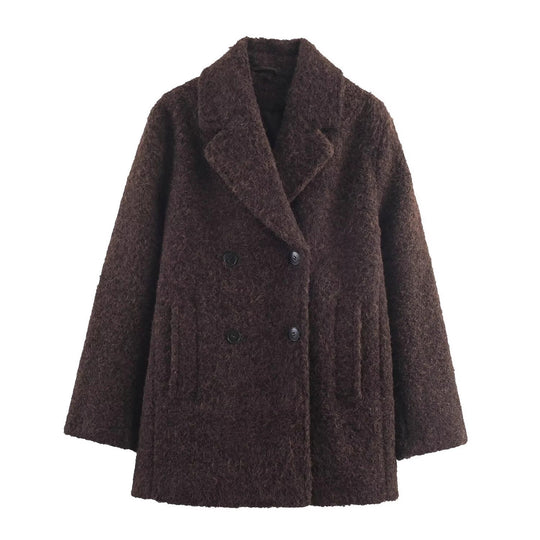 Damen Doppelreihiger Teddy-Mantel mit Schalkragen und aufgesetzten Taschen Nord Taschen