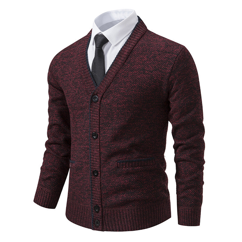 Herren melierter Strukturstrick-Cardigan mit V-Ausschnitt, Kontrastkanten und aufgesetzten Taschen Nord Taschen