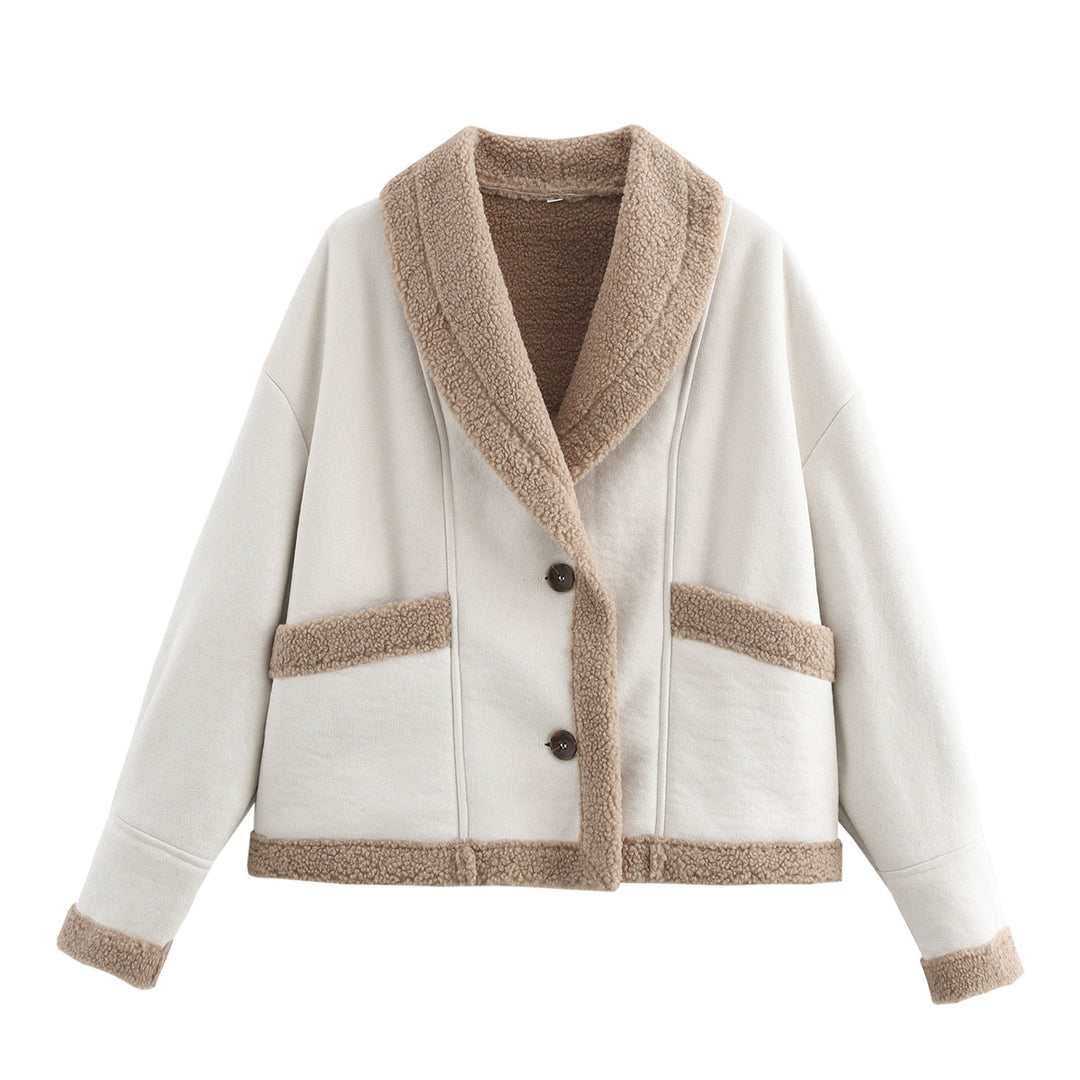 Damen Kurzjacke mit Teddy-Futter, Schalkragen und Oversize-Schnitt Nord Taschen