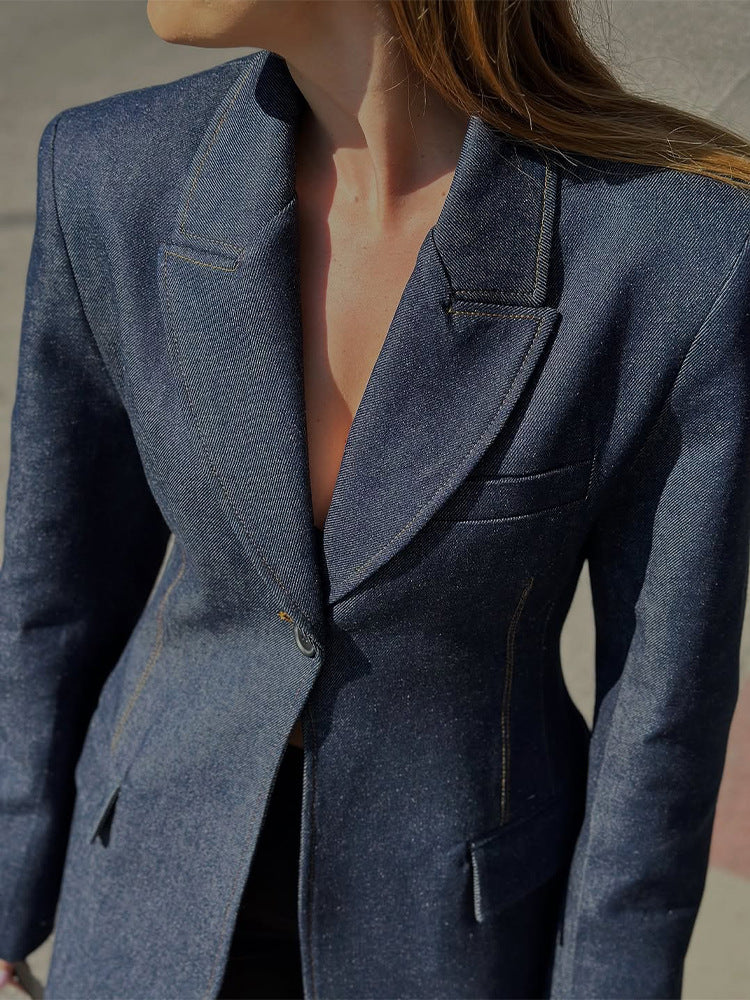 Damen taillierter Jeansblazer mit geschwungenem Revers Nord Taschen
