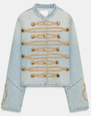 Damen Cropped-Jeansjacke im Military‑Stil mit dekorativer Kordelapplikation Nord Taschen