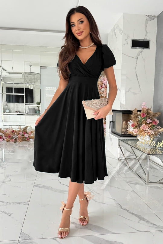 Damen A-Linie Kleid mit Puffärmeln und schmalem V-Ausschnitt