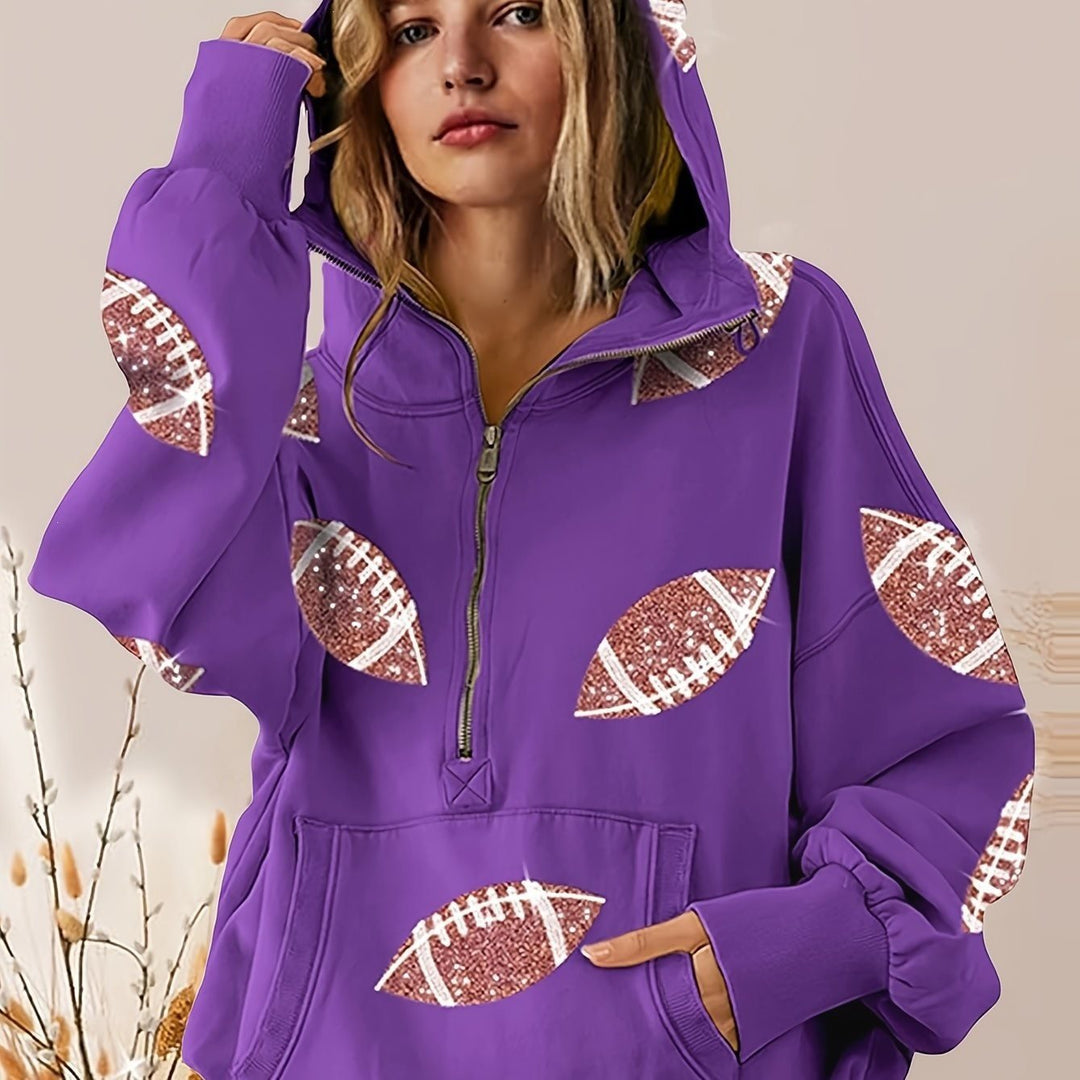 Damen Oversized Kapuzenpullover mit halbem Reißverschluss und Pailletten‑Football-Applikation Nord Taschen
