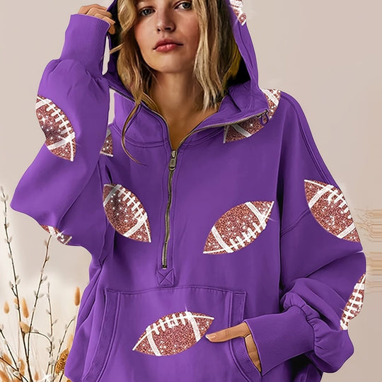 Damen Oversized Kapuzenpullover mit halbem Reißverschluss und Pailletten‑Football-Applikation Nord Taschen