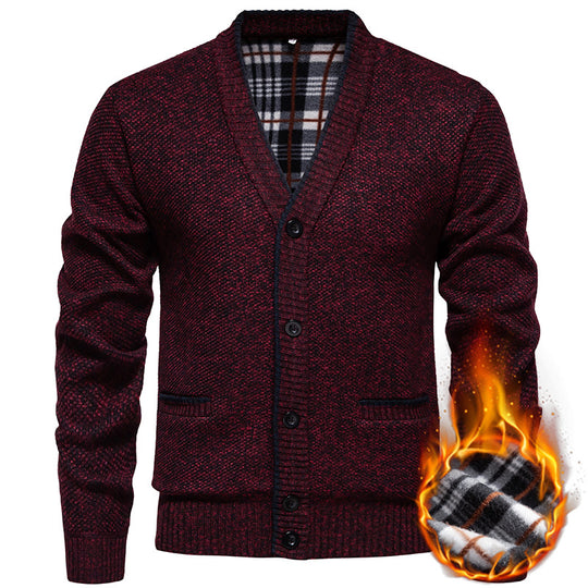 Herren Strukturierter V-Ausschnitt Strickcardigan mit kontrastierter Kante und kariertem Innenbesatz Nord Taschen