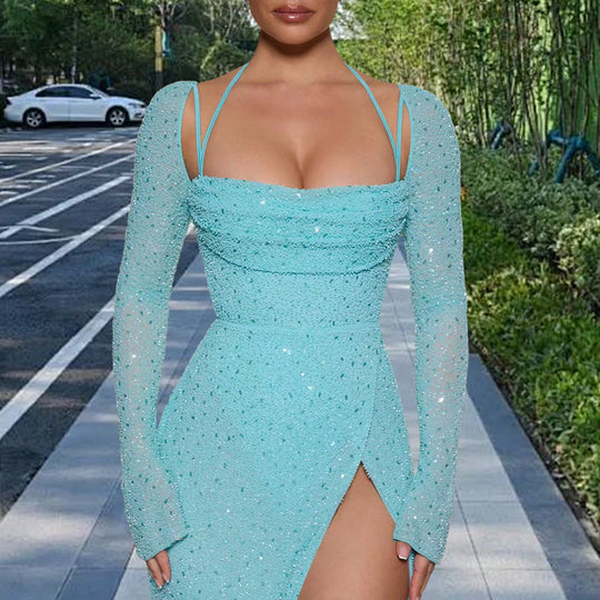 Damen Glamouröses Maxikleid mit schimmernden Details und seitlichem Schlitz Nord Taschen