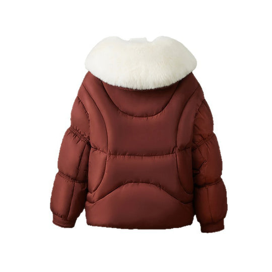Damen nan kurze Steppluftjacke mit voluminösem Webpelzkragen, Knebelverschluss und formstabiler Taillenlinie Nord Taschen
