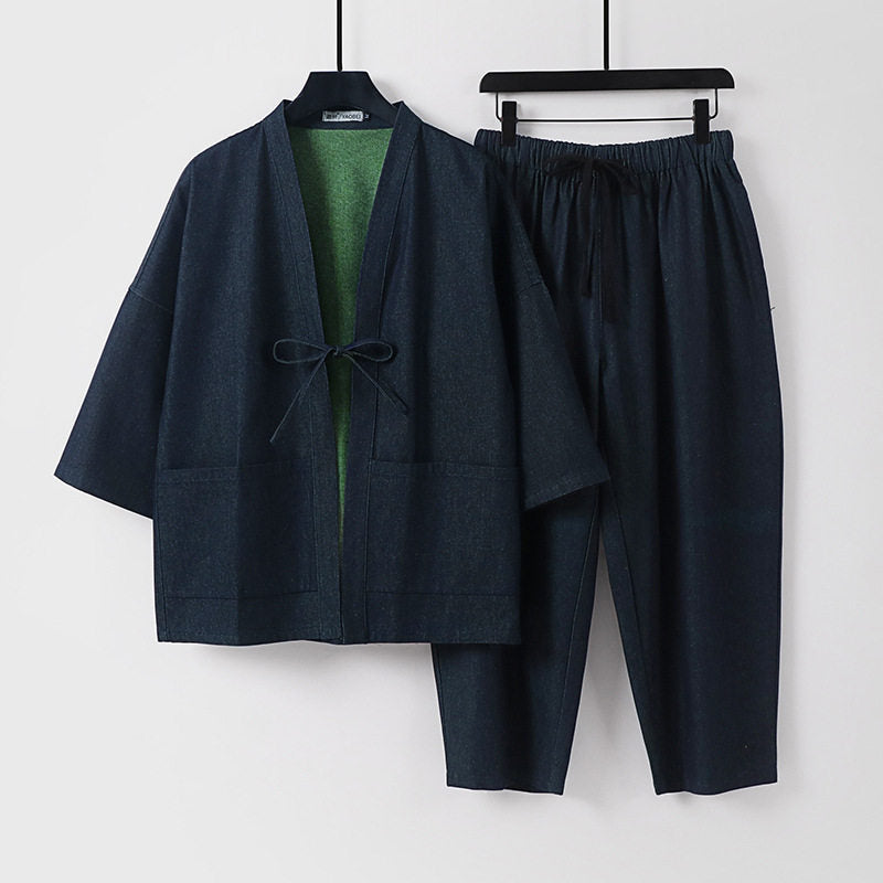 Unisex Lässiges Denim-Kimono-Set mit kurzarm Jacke, Bindeband und elastischer Bundhose Nord Taschen