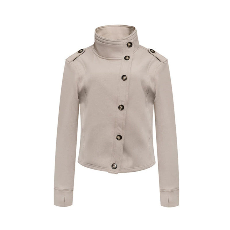 Damen Kurze Wolloptik-Militärjacke mit Stehkragen und asymmetrischer Knopfleiste Nord Taschen