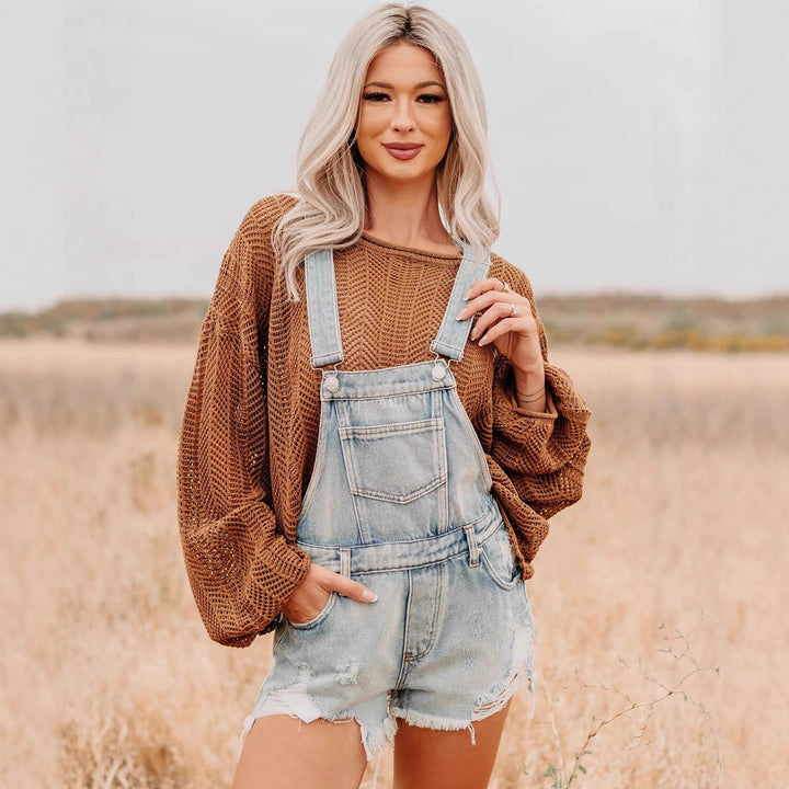 Damen oversized gestrickter Pullover mit weitem Boat-Neck, lockerem Mesh-Strick und Ballonärmeln Nord Taschen