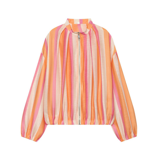 Damen Gestreifte Cropped‑Bomberjacke mit Stehkragen, Ballonärmeln und Gummibund Nord Taschen