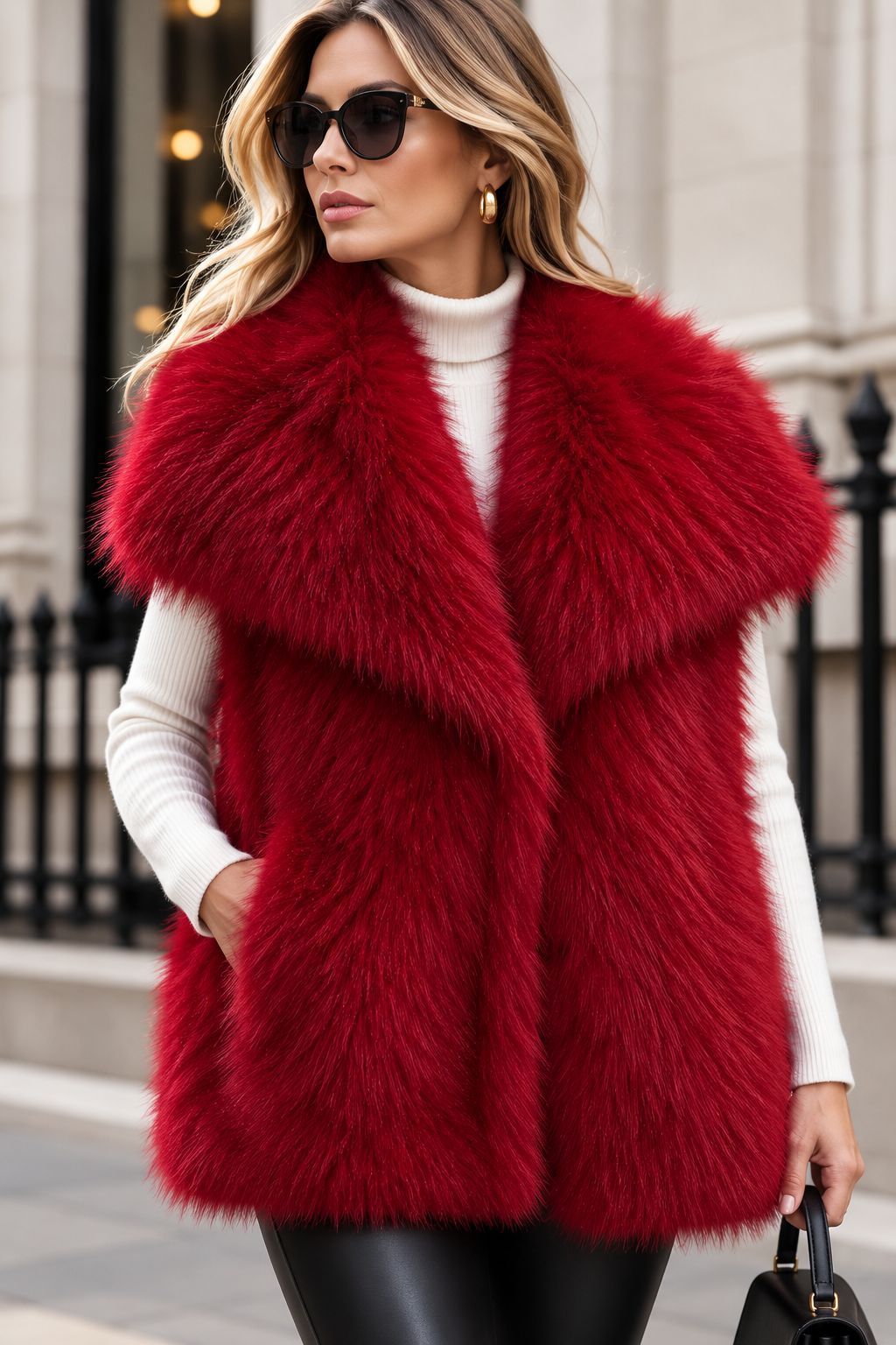 Damen Ärmellose Luxus‑Faux‑Fur‑Weste mit extraweichem Langflor und übergroßem Schalkragen Nord Taschen