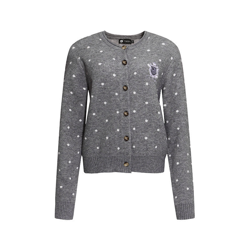 Damen Strick-Cardigan mit Rundhals, Tupfen-Jacquard und Zierwappen Nord Taschen