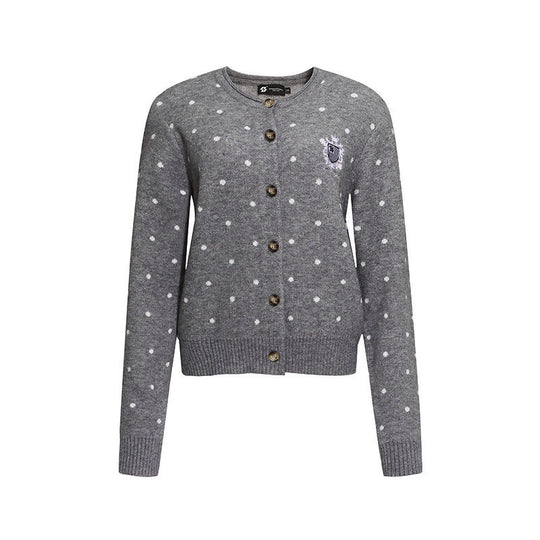 Damen Strick-Cardigan mit Rundhals, Tupfen-Jacquard und Zierwappen Nord Taschen