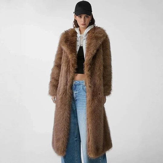 Damen Eleganter Maxi-Kunstpelz-Mantel mit weitem Schalkragen und geradem Schnitt Nord Taschen
