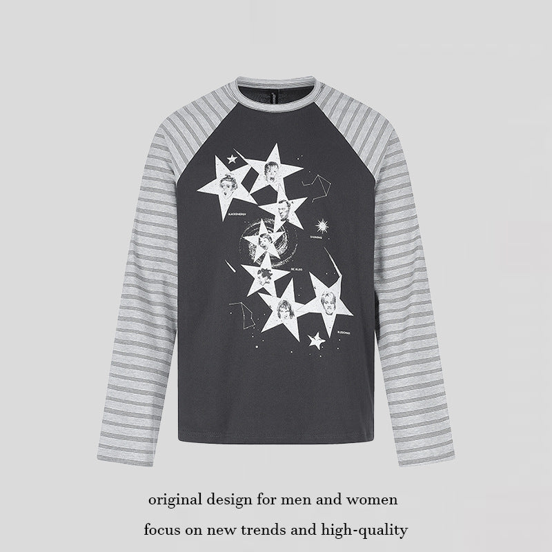 Damen Baumwoll-Langarmshirt im Raglanstil mit Sternporträt-Collage und Streifenärmeln Nord Taschen