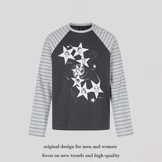 Damen Baumwoll-Langarmshirt im Raglanstil mit Sternporträt-Collage und Streifenärmeln Nord Taschen