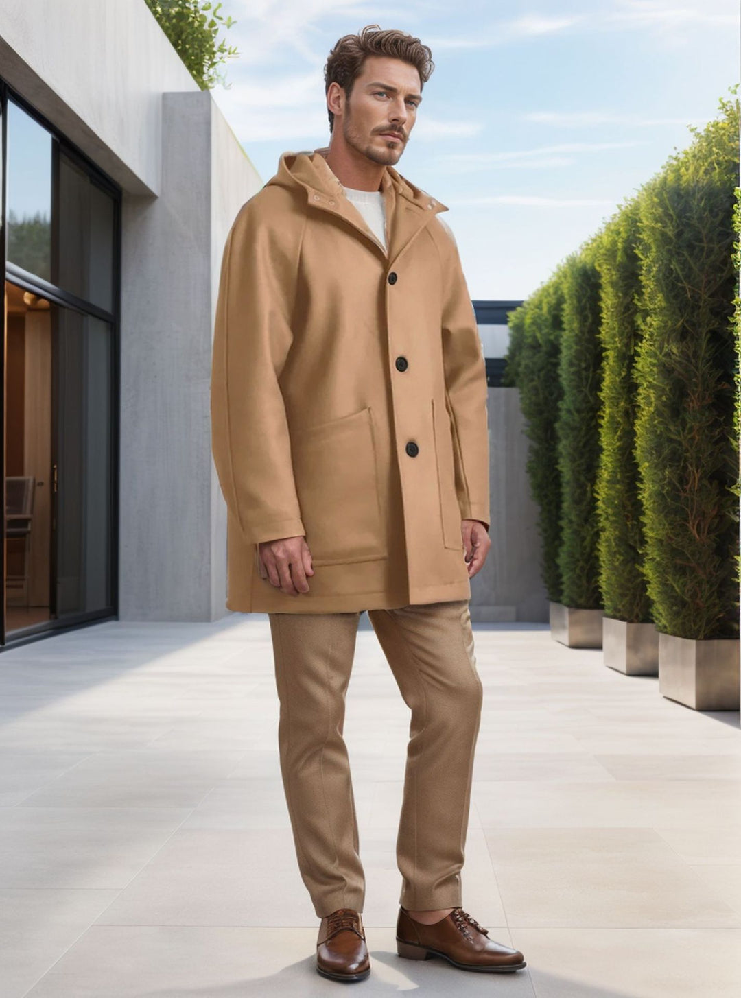 Herren Kapuzenmantel aus Wollmix mit gerader Silhouette, verdeckter Knopfleiste und großen Aufgesetzten Taschen Nord Taschen