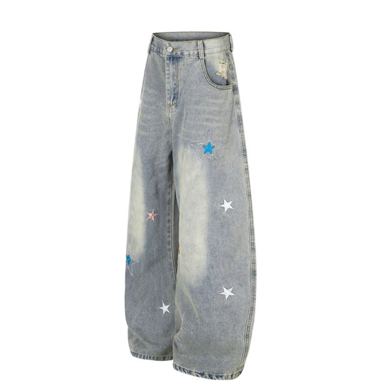 Damen Weite High-Waist Palazzo-Jeans mit Stern-Stickereien und Used-Effekt Nord Taschen