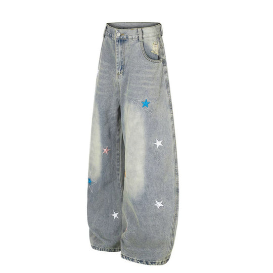 Damen Weite High-Waist Palazzo-Jeans mit Stern-Stickereien und Used-Effekt Nord Taschen