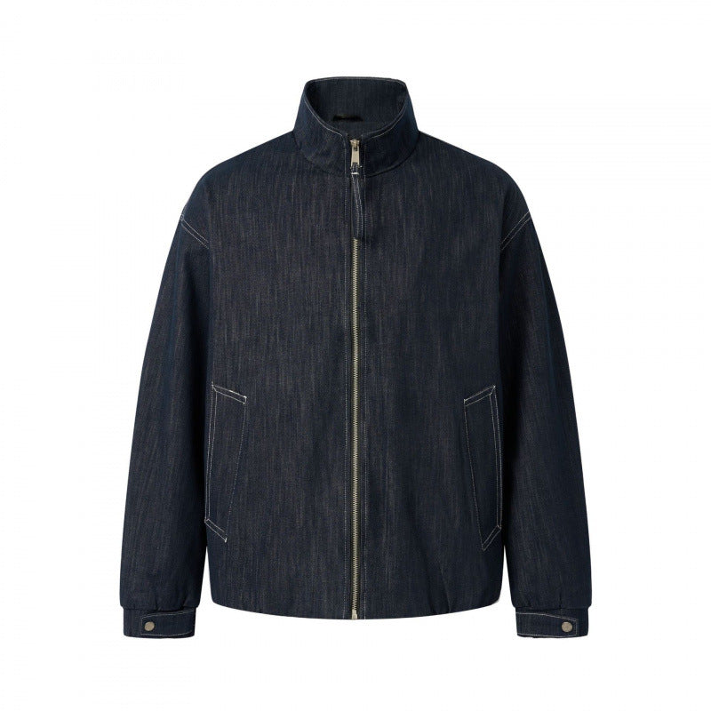 Unisex Kastenförmige Jeans-Blousonjacke mit Stehkragen, Reißverschluss und elastischem Saum Nord Taschen