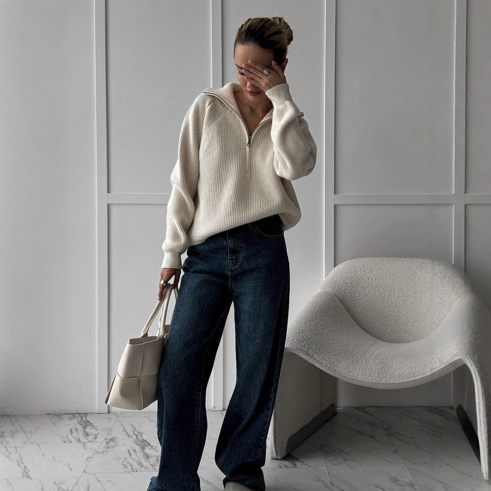 Damen Gerippter Wollmix-Pullover mit halbem Reißverschluss und weitem Stehkragen Nord Taschen
