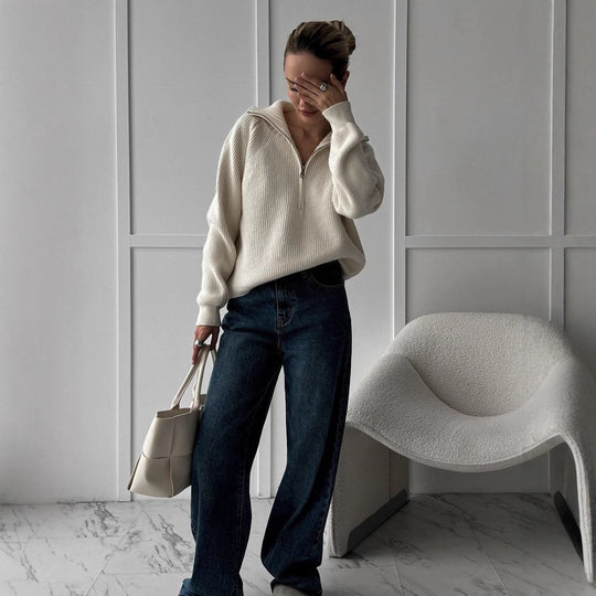 Damen Gerippter Wollmix-Pullover mit halbem Reißverschluss und weitem Stehkragen Nord Taschen