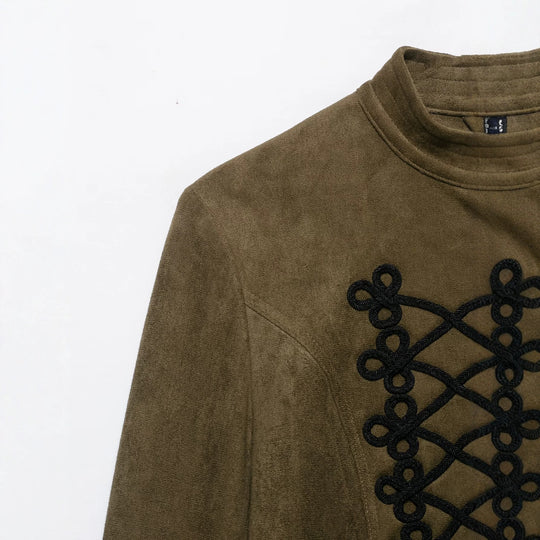 Damen Taillierter Cropped‑Veloursleder‑Blouson mit militärischer Kordelapplikation und Stehkragen Nord Taschen
