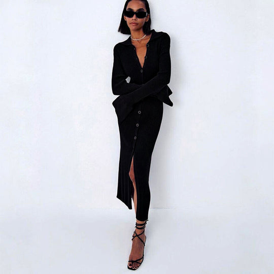 Damen Figurbetontes Rippenstrick-Knopfkleid mit Polokragen Drune