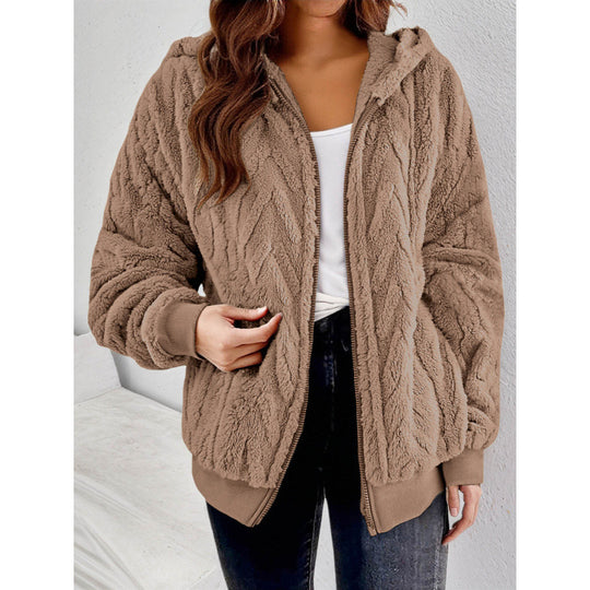 Damen Kapuzen-Teddyjacke mit Reißverschluss, weichem Plüsch und elastischem Bündchen Nord Taschen