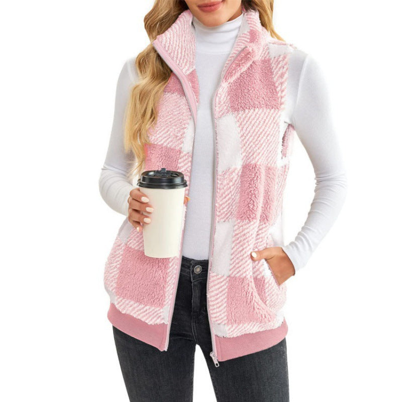 Damen Karierte Teddyweste mit Stehkragen, Reißverschluss und Eingrifftaschen Nord Taschen