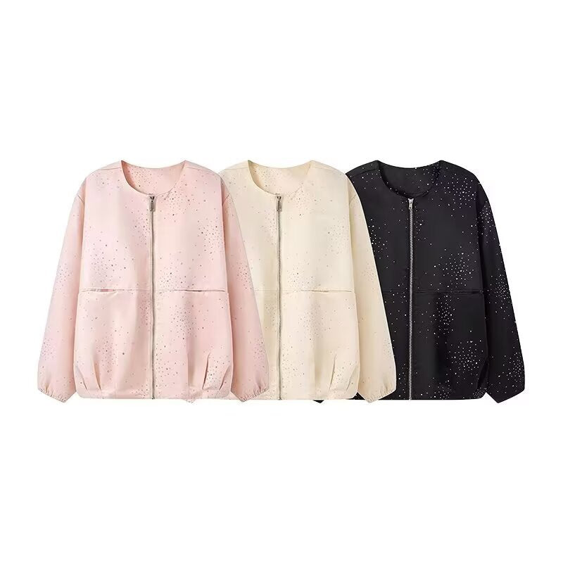 Damen Boxy‑Blouson mit Rundhals, Metallreißverschluss und dezentem Glitzerbesatz Nord Taschen