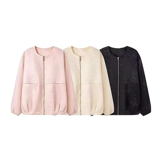 Damen Boxy‑Blouson mit Rundhals, Metallreißverschluss und dezentem Glitzerbesatz Nord Taschen