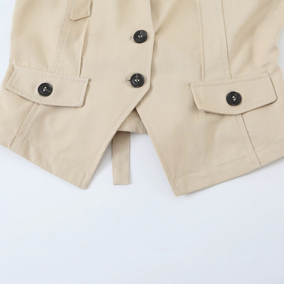 Damen Ärmellose taillierte Trench-Weste mit Cut-Out, Schulterklappen und Pattentaschen Nord Taschen