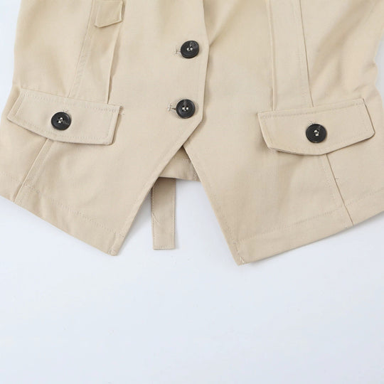 Damen Ärmellose taillierte Trench-Weste mit Cut-Out, Schulterklappen und Pattentaschen Nord Taschen