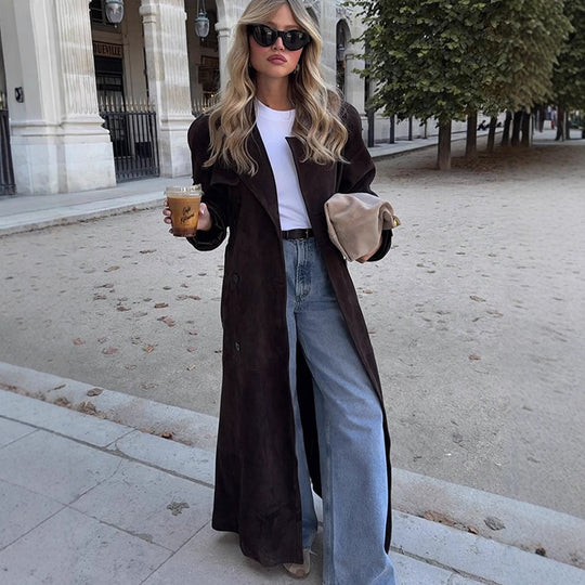 Damen Langer Velours-Trenchcoat mit Bindegürtel und Reverskragen Nord Taschen