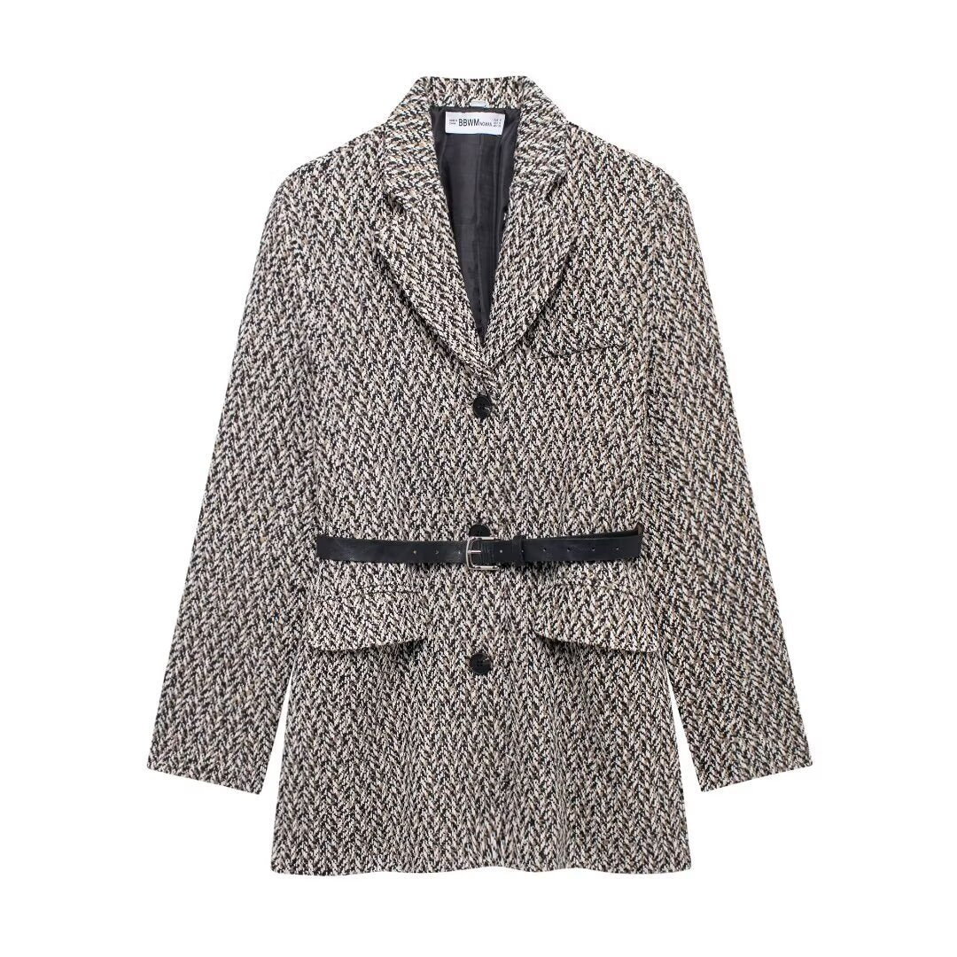Damen Midilanger Bouclé-Tweed-Blazerjacke mit Lederimitat‑Gürtel Nord Taschen