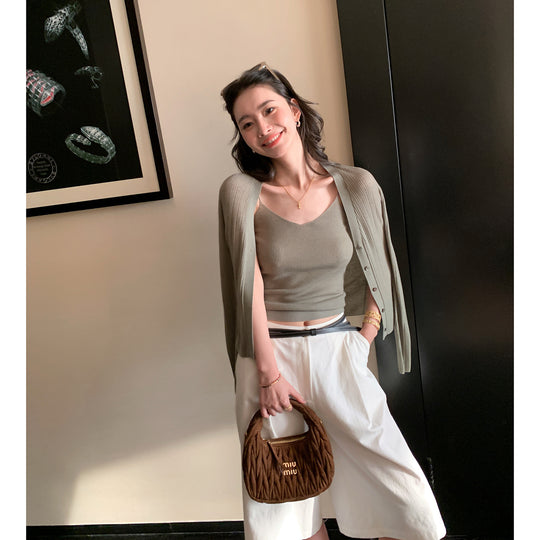 Damen Gerippter Cropped Spaghettiträger-Top mit passendem Feinstrick-Cardigan Set Nord Taschen