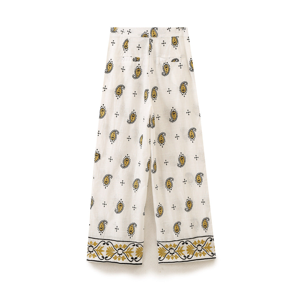 Damen Weite Leinenhose mit Paisley‑Print und besticktem Saum Nord Taschen
