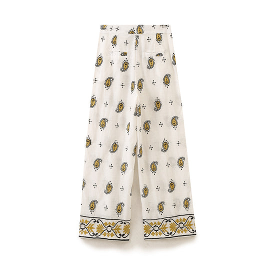 Damen Weite Leinenhose mit Paisley‑Print und besticktem Saum Nord Taschen