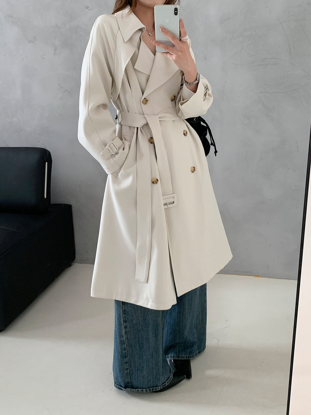 Damen Kastenförmiger Midilanger Trenchcoat mit weichem Fall und verstellbaren Manschetten Nord Taschen