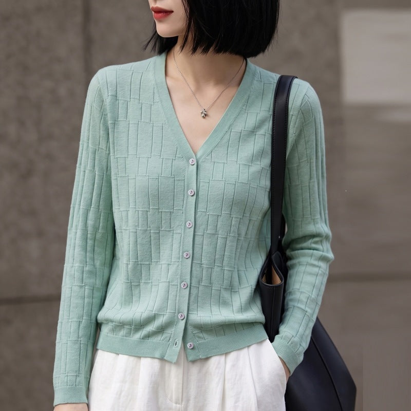 Damen V‑Ausschnitt-Feinstrickcardigan mit strukturierter Blockoptik und durchgehender Knopfleiste Nord Taschen