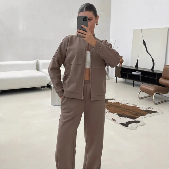 Damen lässiges Zip-Lounge-Set mit Stehkragen und weitem Highwaist-Joggpant Nord Taschen