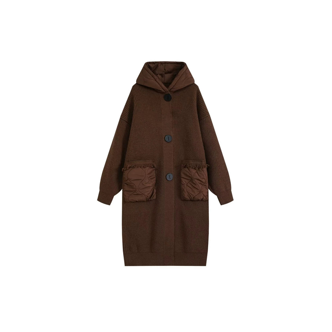 Damen Langer Oversize-Strickmantel mit gesteppter Kapuze und aufgesetzten Stepp-Taschen Nord Taschen