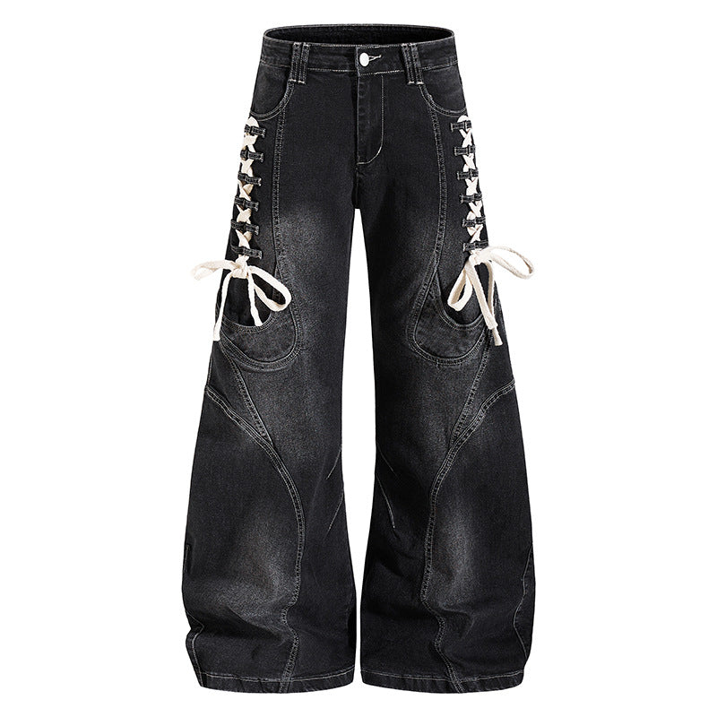 Damen Weite hochtaillierte Denim-Culotte mit seitlicher Schnürung und Cargo-Taschen Nord Taschen