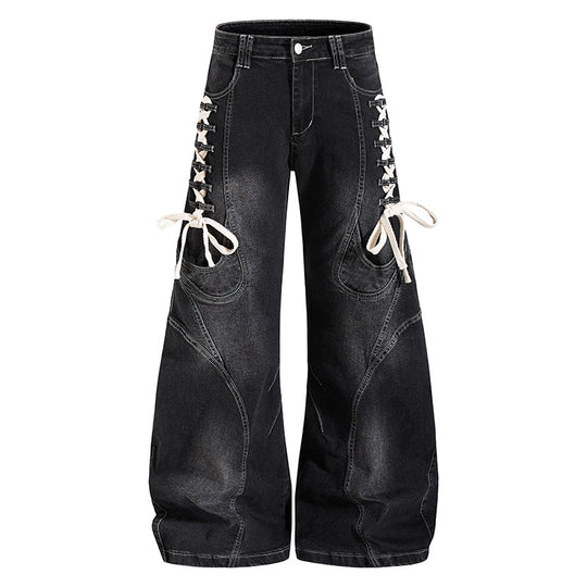 Damen Weite hochtaillierte Denim-Culotte mit seitlicher Schnürung und Cargo-Taschen Nord Taschen